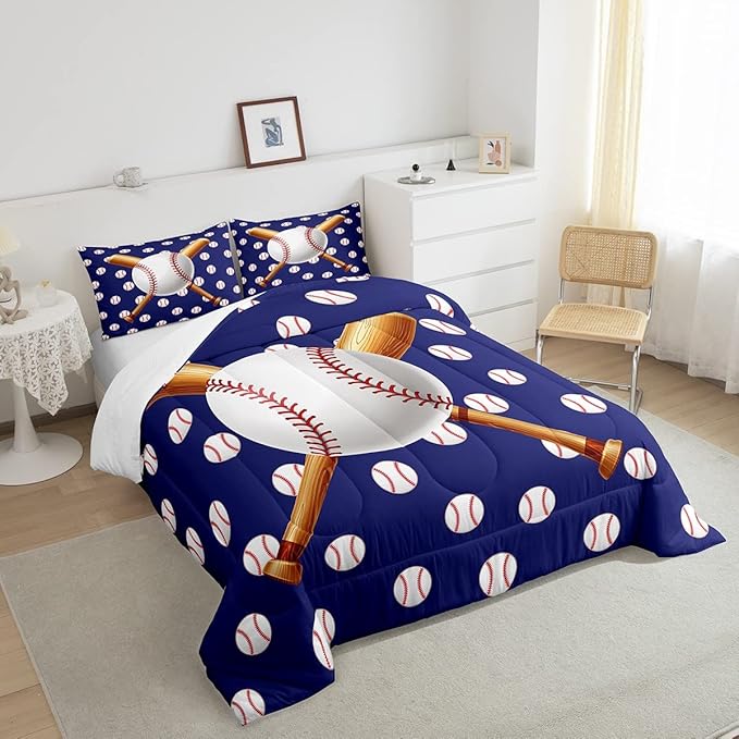 Feelyou Baseball Comforter Set Sports Bedding Set Ball Comforter for Kids Boys Girls Baseball Games Blue Duvet Set Room Decor Quilt Baseball Bat Print Queen Size Boys
