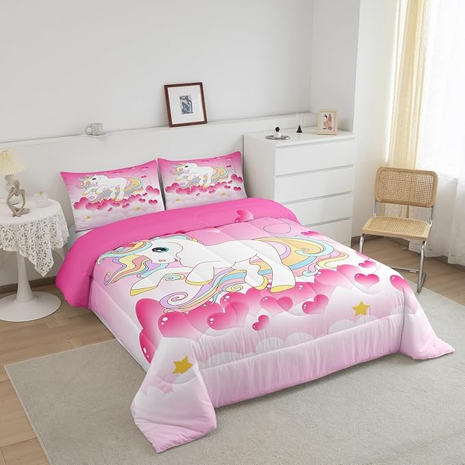 Girls Unicorn Comforter Set Full Girly Fantasy Rainbow Unicorn Bedding Set for Kids Little Girls, Pink Love Heart Duvet Sets Dreamy Horse Cartoon Magical Animal Down Comforter with 2 Pillowcases