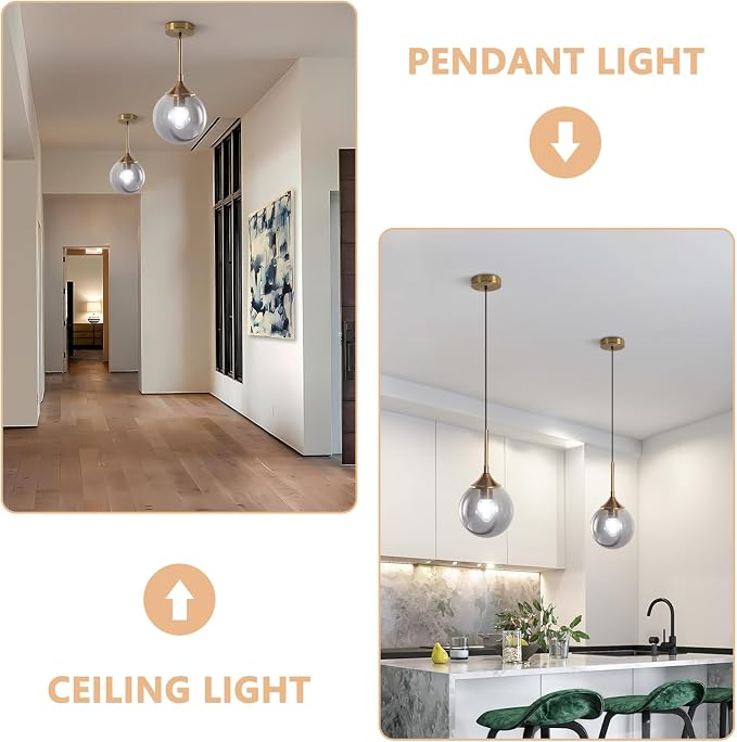 KCO Lighting 2 Pack Brass Gold Small 7.1” Smoky Glass Globe Pendant Lights | E26 Adjustable Cord for Sloped Ceilings, Mid Century Modern Gold Hanging Light Fixture for Kitchen Island Sink Dining Table