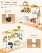 Kitchen Island with 3 Shelves, Rolling Kitchen Cart with 6 Hooks and Protective Shelf, Microwave Stand on Lockable Wheels, Bakers Rack Coffee Bar for Dining, Living Room, Outdoor, Metal Frame, White