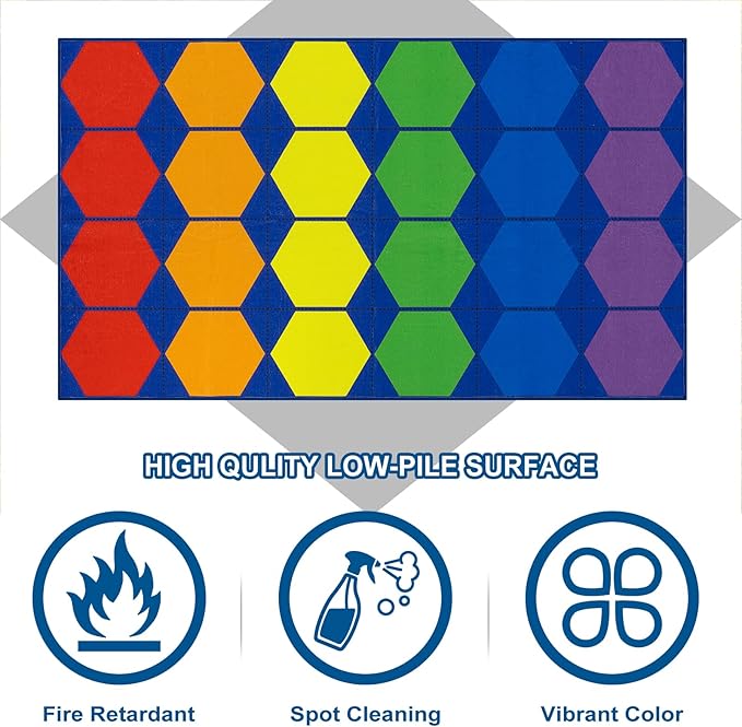 LIVEBOX Hexagon Kids Rug for Classroom, Washable Classroom Carpet for School, Nursery, Colorful Children's Classroom Area Rugs Non-Slip Playroom Mat for Daycare Learning,13'x7'5"(Seats-24)