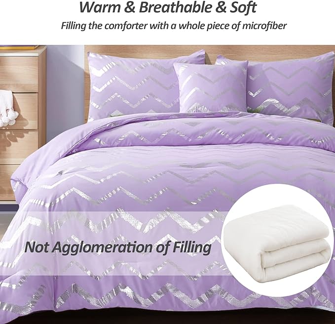 Purple/Silver Comforter Set Twin, Lavender Metallic Print Glitter Bedding Set Cute Shinny Lilac Bed Sets for Teen Girls Kids Women, 3 Piece (1 Pillowcase, 1 Decorative Pillow Sham)