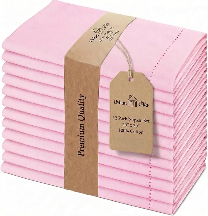 Urban Villa Hemstitch Cloth Dinner Napkins Cotton 20”x20” (Set of 12)-Pink
