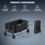 48″ Extra-Large Folding Wagon Cart, 560LBS Capacity, 350L Heavy Duty Utility Cart with Brakes, All-Terrain Wheels, 600D Oxford Fabric, Foldable Design for Camping, Beach, Travel, Festival