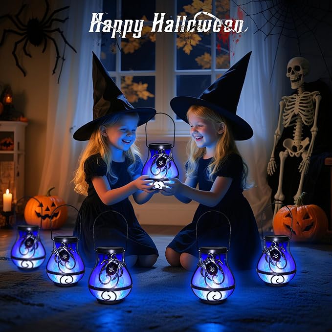 2 Pack Halloween Lights Outdoor Spider Hanging Solar Lantern Flickering Flame Lights Garden Patio Porch Halloween Party Decoration