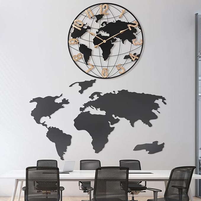 30 Inch Extra Giant Large Wall Clock Oversized,Black Big Metal Modern Decorative Silent World Map Wall Clock with Vintage Gold Roman Numeral for Office,Living Room,Kitchen,Dining Room Decor