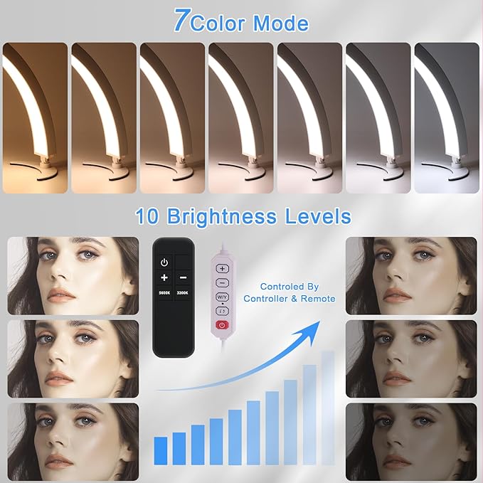 Half Moon Light for Desk, 28.7" Foldable Arch LED Nail Tech Lamp with 7 Color Modes, 10-Level Brightness for Professional Manicure Salon, Tattoo, Eyelash Extensions, Reading- White