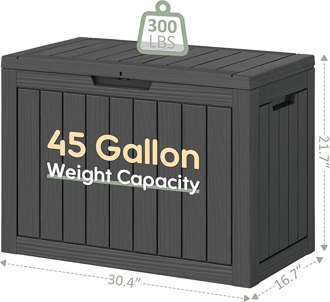 Outdoor Storage Box, Resin Deck Boxes Indoor and outdoor, Waterproof Storage Box Lockable Lid (Black, 45 Gallon)