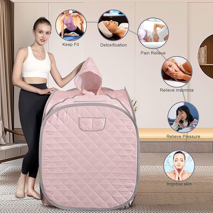 Smartmak Portable Sauna Kit, one Person Full Body at Home Spa Hat Tent, Include 2L Steamer with Remote Control for Detox US Plug- Pink