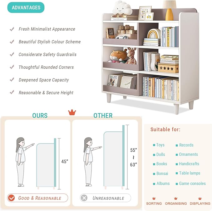 Wooden Cube Bookcase with Legs - 3-Tier Open Shelf Kidsroom Sorted Storage Cabinet Organizer for Books and Toys, 6-Cube Lattice Cute Cubby Bookshelf in White Mixed Mocha Brown, 32" W