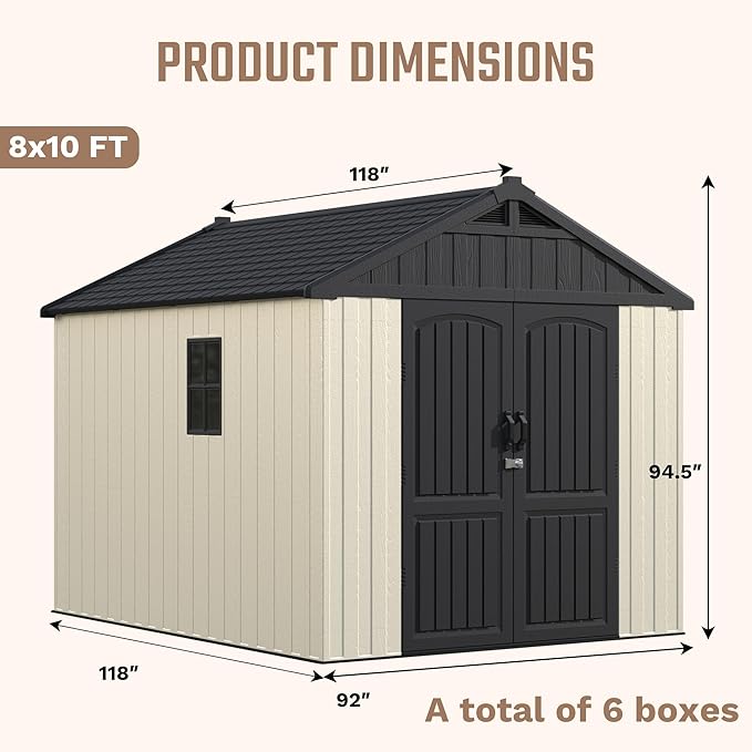 Devoko Plastic Storage Shed with Floor, 8 x 12 FT Outdoor Resin Tool Shed with Lockable Door & Sloping Roof, Patio Kick-it Shed for Garden, Backyard, Lawn, Beige
