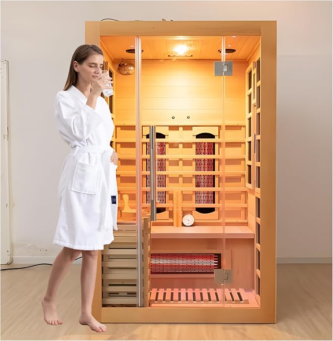 Luxury Dual-System Wood Sauna Room for 2 Person, Hybrid Indoor Sauna Spa,Canadian Hemlock, 3.5KW Heater, 195°F Steam+149°F Far Infrared, 9 Heating Elements, 220V, Oxygen Ionizer, 8mm Tempered-Grass