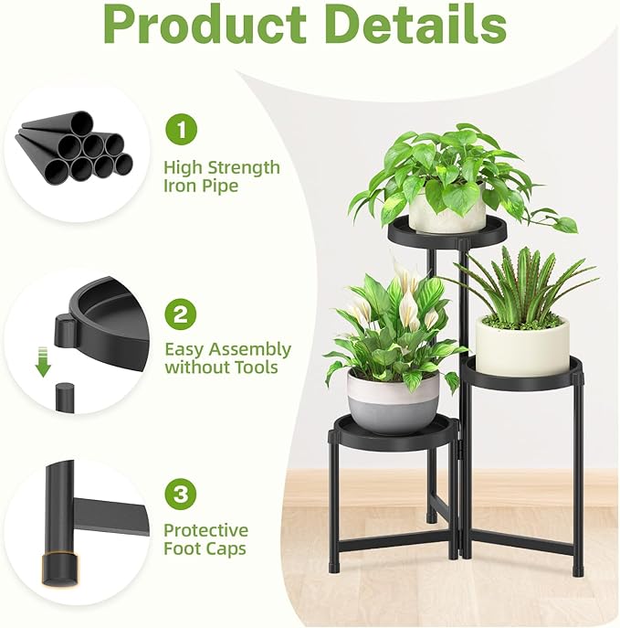 iDavosic.ly 3 Tier Folding Plant Stand Indoor Outdoor with Plastic Tray, Tiered Corner Flower Holder Shelf, Metal Orchid Display Rack for Patio Porch Living Room Garden Balcony, Modern Black