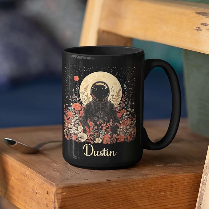 Astronaut with Moon and Wildflowers Coffee Mug, Custom Name Ceramic Cup 11oz 15oz, Unique Astronaut Coffee Cup for Friends, Personalized Astronomy Black Mug, Gifts for Birthday