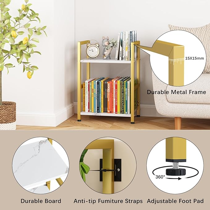 Small Bookshelf for Small Space, 2 Tier Bookcase Narrow Book Case Storage Organizer Book Shelf for Living Room, Bedroom and Office, Easy Assembly(2 Tier,Gold)