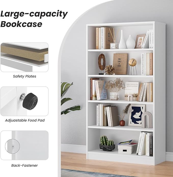 Farini 5 shelf boockase Display Bookcase Freestanding Wooden Bookshelves for Home Office Living Room,60 Inch Height,White