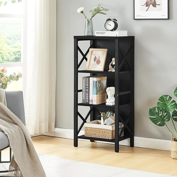 Bookcase, Industrial Small Bookshelf,4-Tier Narrow Bookcase Storage Organizer, Small Book Shelf for Small Spaces, Living Room, Bedroom and Home Office, Black