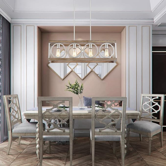 XINGQI Farmhouse Dining Room Chandeliers, Rectangle Vintage Hanging Lighting Fixtures, 4-Light Kitchen Island Lighting, Rustic Metal Chandelier Pendant Light, Antique Wood Grain XY082