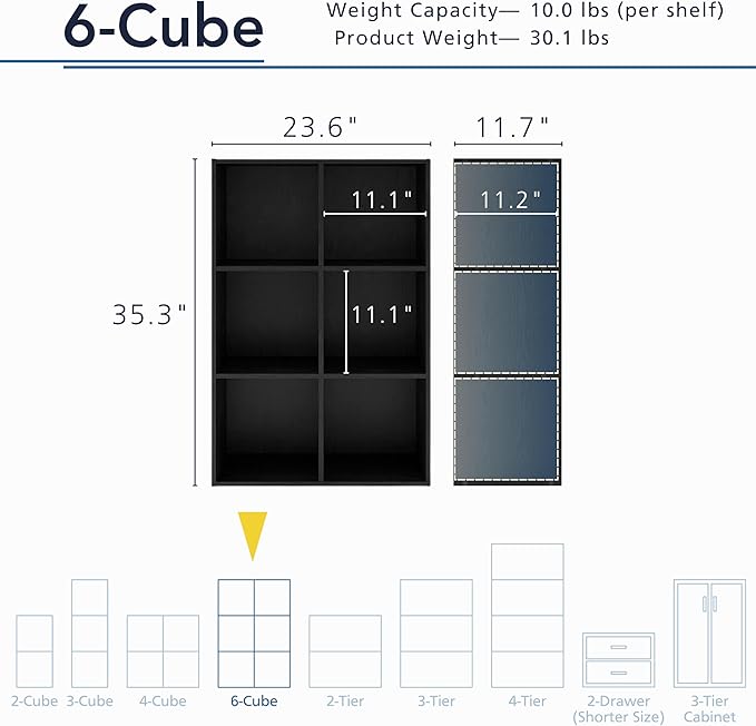 Apexa 6 Cube Storage Organizer Shelves, Stackable Wood Bookcase Fits Cubby Bins for Organization, Dorm Teen Room Decor & Home Office, Black