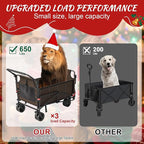 LEVELEVE Heavy Duty Folding Wagon - 2-in-1 Collapsible Cart, 650lb Capacity, All-Terrain Wheels w/Brakes & Side Pockets (Brown)