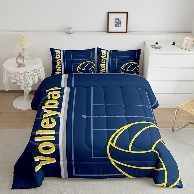 Feelyou Volleyball Bedding Set King Size Sports Game Comforter Set for Kids Boys Girls Decor Volleyball Player Comforter Microfiber Blue Yellow Duvet Set Bedroom Quilt Set