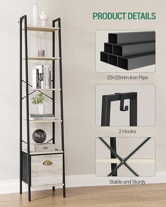 Narrow Bookshelf Bookcase with Drawer, Ladder Shelf with 2 Hooks, Bookshelves Storage Organizer, Freestanding Display Standing for Home Office, Bedroom, 6 Tier Greige BC19605B