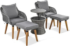 5-Pieces Outdoor Furniture Bistro Set with Wicker Cool Bar Table, Rope Weaving Patio Chairs and Ottomans for Porch Backyard Balcony Poolside, Onesize, Grey