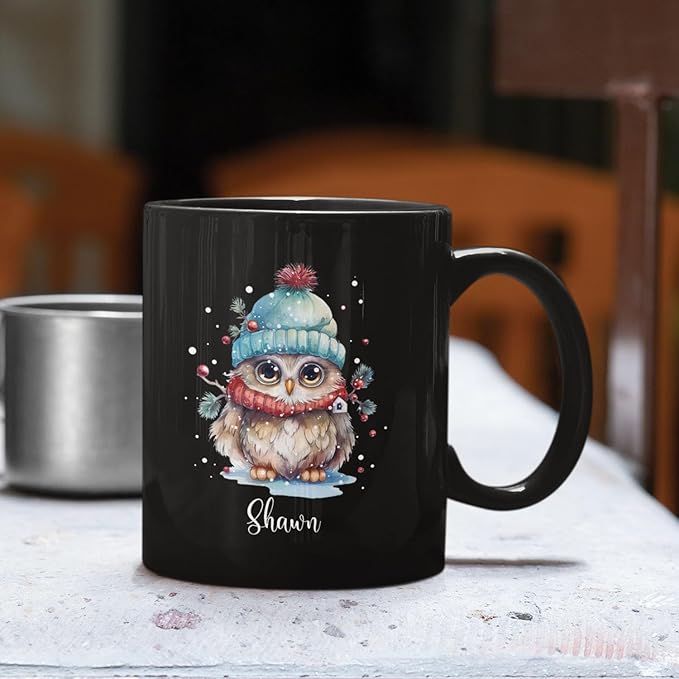 Winter Owl Design Coffee Mug - Custom Christmas Animal Black Cup, Personalized Name Themed 11oz 15oz Ceramic Cup for Owl Lovers, Xmas Decorative Gift