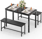 Dining Table Set for 4, Kitchen Table with 2 Benchs, Black | Modern Functional 3 Piece Space-Saving Dining Room Table Set for Apartment, Breakfast Nook, Small Space