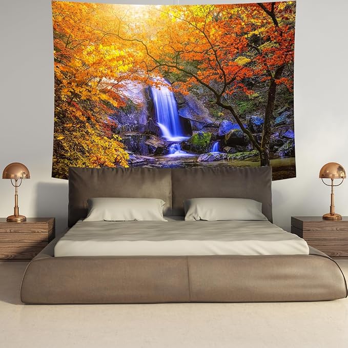 Delur Waterfall Tapestry Forest Nature Scenic Tree Mountain Sunset Tapestry Wall Hanging Natural Landscape Sunrise Headboard for Bedroom Living Room Home Decor (59.1" x 78.7")