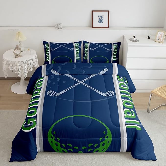 Feelyou Kids Golf Print Comforter Set Queen Size Ball Sports Bedding Set for Boys Girls Teens Bedroom Decor Golf Ball Lover Comforter Women Men Ball Games Duvet Set with 2 Pillow Case