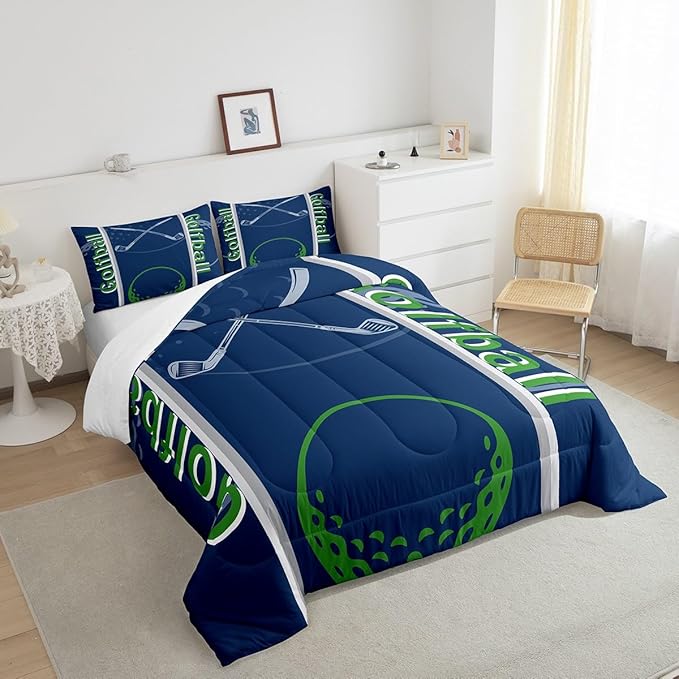 Feelyou Kids Golf Print Comforter Set King Size Ball Sports Bedding Set for Boys Girls Teens Bedroom Decor Golf Ball Lover Comforter Women Men Ball Games Duvet Set with 2 Pillow Case