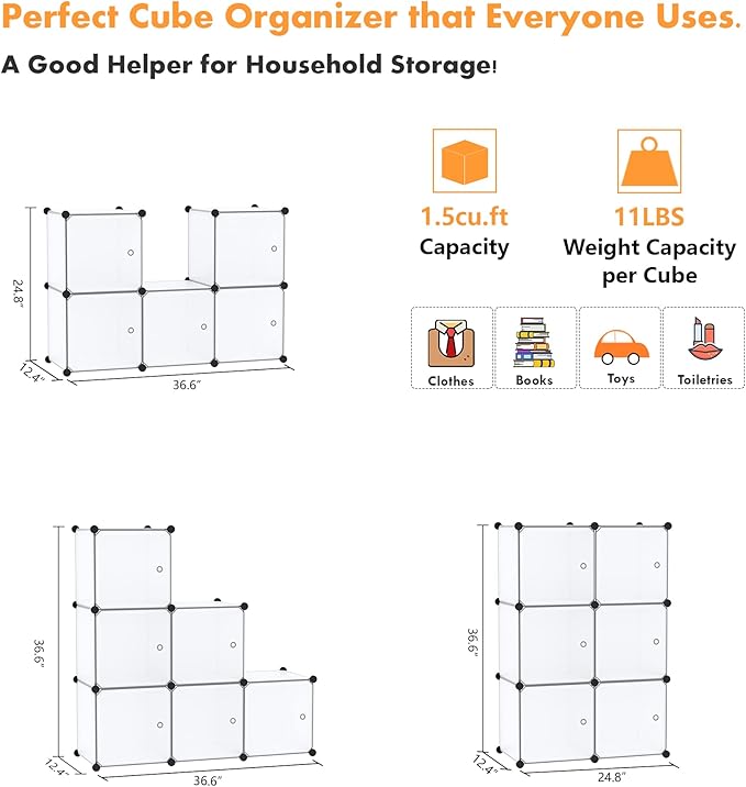 C&AHOME Cube Storage Organizer with Doors, 6-Cube Shelves, Closet Cabinet, DIY Plastic Modular Bookshelf Ideal for Bedroom, Living Room, 36.6”L x 12.4”W x 36.6”H White USBTM3006B-DOOR