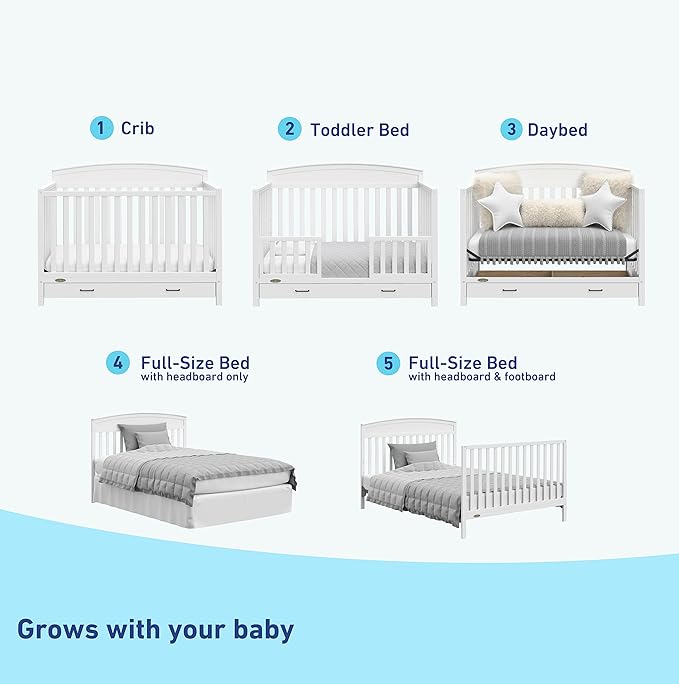 Graco Benton 5-in-1 Convertible Crib with Drawer (White) - Converts from Baby Crib to Toddler Bed, Daybed and Full-Size Bed, Fits Standard Full-Size Crib Mattress, Adjustable Mattress Support Base