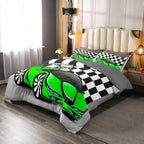 Erosebridal Kid Comforter Set King Size, Racing Car Bedding Set for Boys Girls Teen Kids Children Car Racing Gifts, Race Cars Quilt with 1 Comforter 2 Pillowcases,Green Grey Race Car Decor for Room