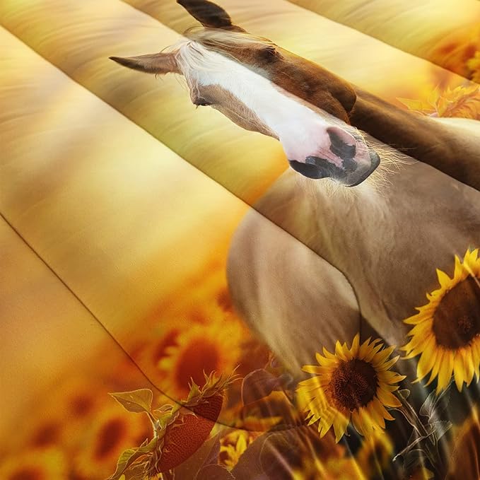 Horse Comforter Twin Size,Sunflower Horse Comforter Set for Kids Teens Girls Boys,3Pcs Bedding Set Printed Comforter with 2 Pillowcases,Soft and Lightweight，Twin Size