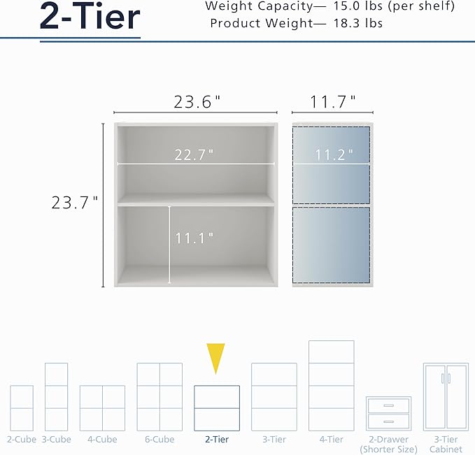 Apexa 2-Tier Cube Storage Organizer Shelves, Stackable Wood Bookcase Fits Cubby Bins for Organization, Dorm Teen Room Decor & Home Office, White