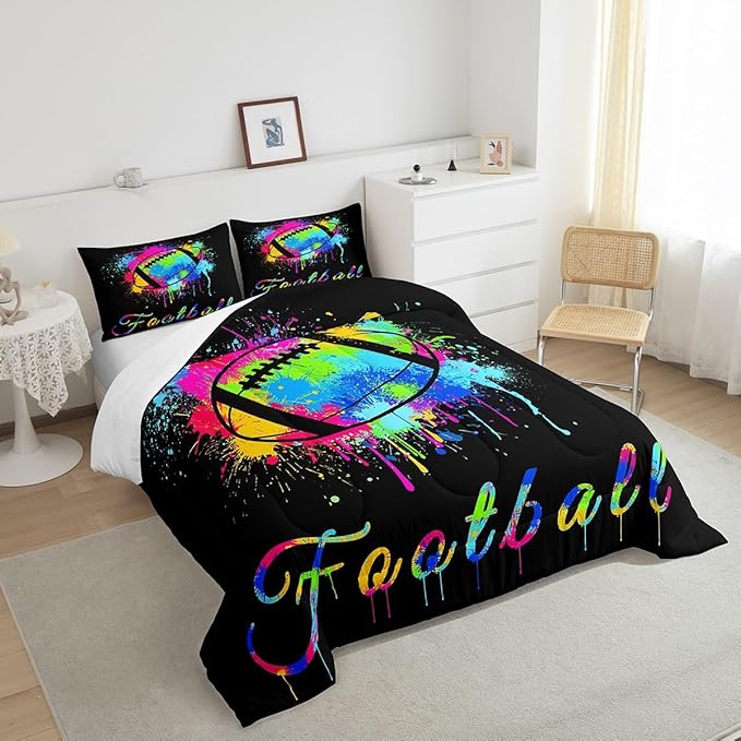 Feelyou Kids Football Comforter Set Queen Size Rugby Sports Game Bedding Set for Boys Girls Teens Bedroom Decor Tie Dye Comforter Women Men Soccer Player Duvet Set with 2 Pillow Case