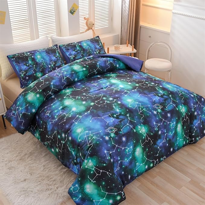 Holawakaka Tie Dye Constellation Print Ombre Comforter Set Twin Size Girls Boys Gradient Galaxy Bedding Set (Black Green,Twin)