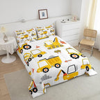 Feelyou Cartoon Car Comforter Set Kids Construction Comforter for Boys Equipment Trucks Bedding Set Breathable Cartoon Yellow Car Excavator Tractor Duvet Set Room Decor Quilt Set Queen Size