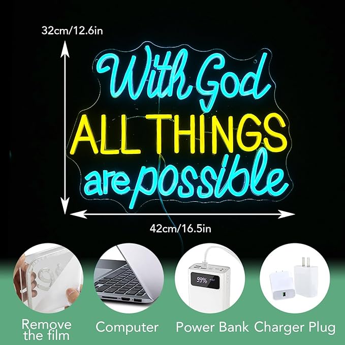 With God All Things Are Possible Neon Sign 16.5 * 12.6 Inch Led God Light Up Sign Dimmable USB Neon Light for Room Wedding Party Church Wall Decor (Ice Blue Yellow)