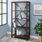 Walker Edison 4 shelves Andersen Urban Industrial Metal X Back Bookshelf, 64 Inch, Dark Walnut