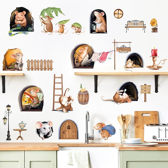 decalmile Mouse Hole Funny Animal Kitchen Dining Wall Decals Stickers