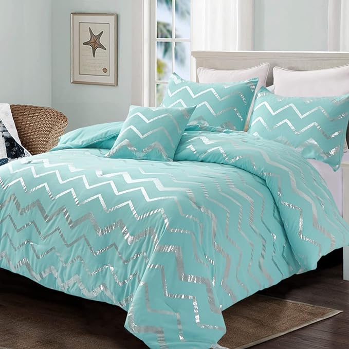 Aqua Comforter Set Queen Size Metallic Teal and Silver Bedding Set, 4 Piece Lightweight Microfiber Bed Set for Teen Girls Women (2 Pillow Shams + 1 Decorative Pillow Sham)
