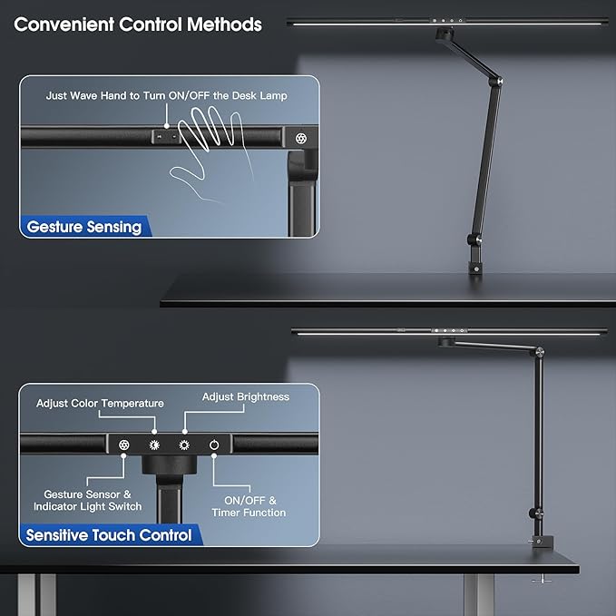 Desk Lamp for Office Home, Desk Light with Clamp, 24W Ultra Bright with Gesture Sensing, Adjustable Brightness & Color Temperature, Monitor Light, Task Light, Table Lamp for Work Study,Black