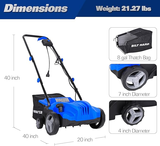 BILT HARD Dethatcher Scarifier Electric Powered, 12 Amp Copper Motor 13 inch Raking Width, 8 gal Thatch Bag, 2 in 1 Walk Behind Thatch Removing Machine for Lawn
