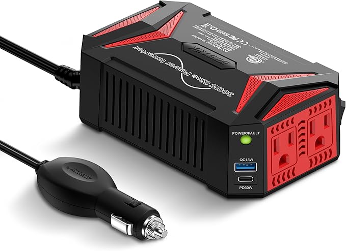 BESTEK 300W Pure Sine Wave Power Inverter - DC 12V to 110V AC Car Converter Plug Adapter Outlet with PD30W USB-C Fast Charger - Vehicle Cigarette Lighter Adapter for Laptop