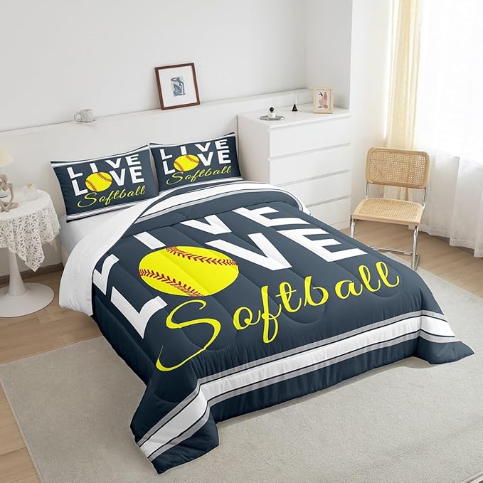 Feelyou Kids Softball Comforter Set Queen Size Softball Gaming Bedding Set for Boys Girls Teens Bedroom Decor Sports Theme Comforter Women Men Baseball Gaming Duvet Set with 2 Pillow Case