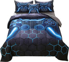 JQinHome Queen Gamer Comforter Set,6 Piece Bed in A Bag 3D Video Game Bedding -All Season Down Alternative Gamer Bedding Sets - (Blue Game Controller)