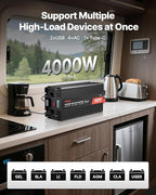 VEVOR 4000W Power Inverter, 12V DC to 120V AC Modified Sine Wave Inverter, Solar Car Charger Converter with LCD Display, Remote Control, 2 USB Ports, 4 AC Outlets, Type-C Port, for RV, Truck Outdoor